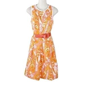 Kay Unger orange pink white paisley print belted sleeveless flare dress T28